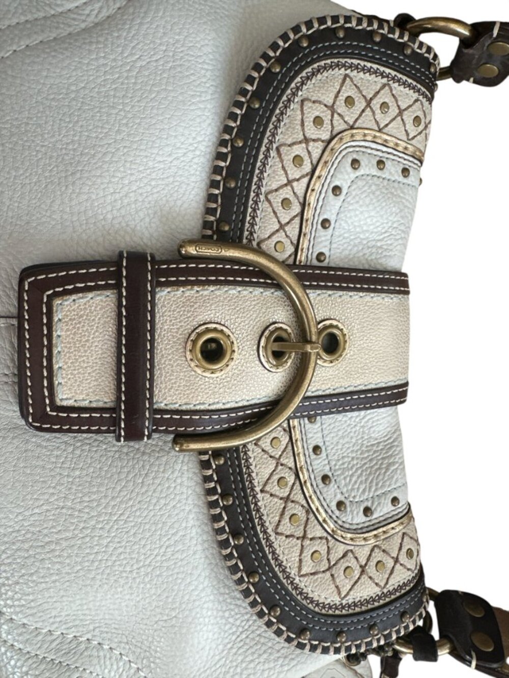 VTG Coach Soho Leather Y2K Studded Stitched Shoulder Flap Bag Chalk 10479 - Picture 9 of 16